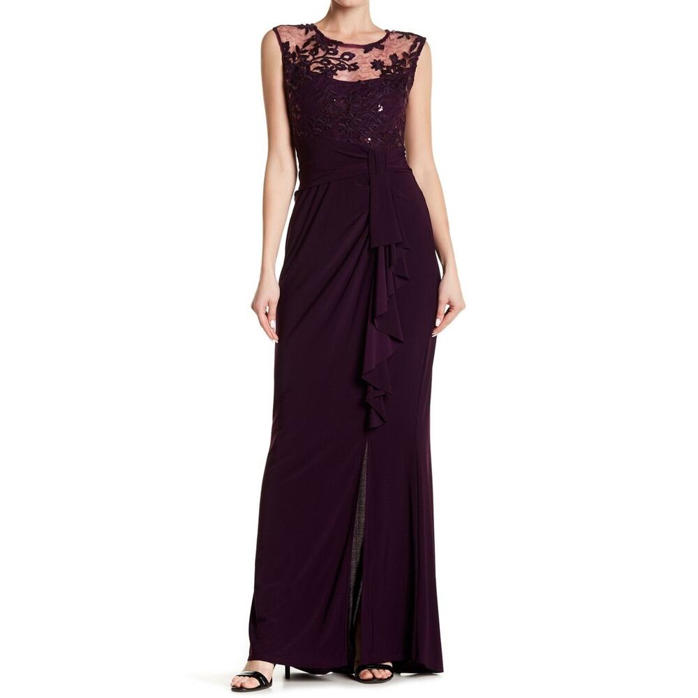 Marina Evening Gown Women 12 Eggplant Purple Mesh Lace Sequins Floral Front Slit